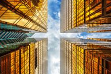 Uprisen Angle Of Hong Kong Skyscraper With Reflection Of Clouds Among High Building, Building Glasses, Business And Financial, Architecture And Industrial Concept