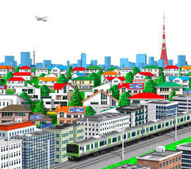 Wall Mural - Tokyo city skyline and tower white background with 3d rendering train