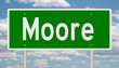 Rendering of a green road sign for Moore Oklahoma