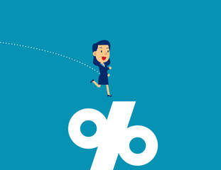 Jumping into percentage sign. Business profit concept, Kid cartoon character vector illustration