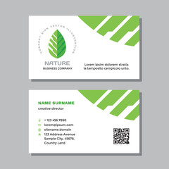 Business visit card template with logo - concept design. Nature green leaf branding. Vector illustration. 