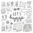 © Minur - Set of doodle outline hygge icons in Scandinavian style and lettering isolated on white background. Nordic lifestyle poster.