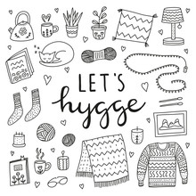 Set Of Doodle Outline Hygge Icons In Scandinavian Style And Lettering Isolated On White Background. Nordic Lifestyle Poster.