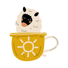 Wall Mural - Cute Sheep in Teacup, Adorable Little Lamb Cartoon Animal Character Sitting in Coffee Mug Vector Illustration