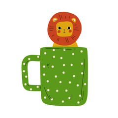 Wall Mural - Cute Lion in Green Dotted Teacup, Adorable Little Cartoon Animal Character Sitting in Coffee Mug Vector Illustration