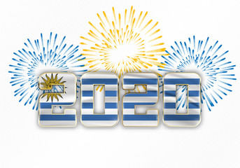 Sticker - 2020 New Year background with national flag of Uruguay and fireworks. Vector illustration.