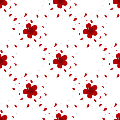 Seamless pattern with red exotic hibiscus flower. Illustration in a flat style for decoration, fabric or paper.