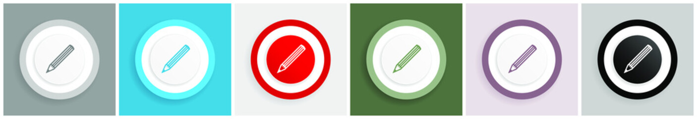 Aufkleber - Pencil icon set, colorful flat design vector illustrations in 6 options for web design and mobile applications
