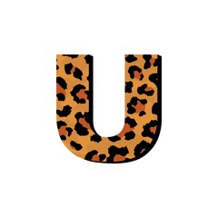 Wall Mural - Vector capital letter U with wild leopard skin print isolated on white background. Letters of Alphabet of African wild animal realistic skin. 3 d alphabet for logo, print, posters, invitation, banner.