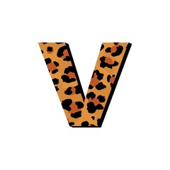 Wall Mural - Vector capital letter V with wild leopard skin print isolated on white background. Letters of Alphabet of African wild animal realistic skin. 3 d alphabet for logo, print, posters, invitation, banner.