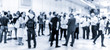 Blured image of businesspeople at coffee break at conference meeting. Business and entrepreneurship. Blue toned grayscale image.