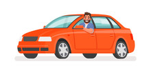 Happy Man In The Car. Motorist Driving A Vehicle On An Isolated Background. Vector Illustration