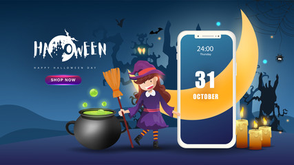 Wall Mural - Little Cute Witch on Dark night background. Mobile web application.Banner of Happy Halloween Day. Creative and Modern design in EPS10 Vector Illustration.