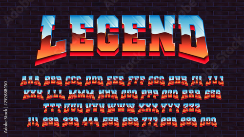 Fotomural Retro futuristic latin font, vector alphabet 80 x three types of tracing of one