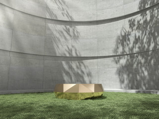 Wooden pedestal for display,Platform for design,Blank product stand on lawn with Trees shadow on the wall .3D rendering.