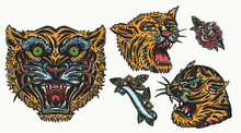 Tigers. Old School Tattoo Collection. Asian Wild Cats. Oriental Style. Isolated Elements. Traditional Tattooing, Japan Style