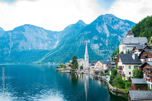 Scenic View Of Famous Hallstatt Lakeside Town Reflecting In Hallstattersee Lake In The Austrian Alps On A Sunny Day In Summer Salzkammergut Region Austria Buy This Stock Photo And Explore Similar