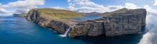 Leitisvatn Lake And Bosdalafossur Waterfall On Vagar Island Aerial View, Faroe Islands 32:9