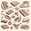 Sketch cocoa and chocolate. Cacao and coffee seeds and chocolate bars and candies. Hand drawn sweets isolated vector set