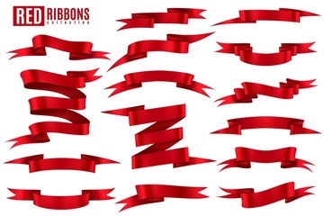 Wall Mural - Red ribbon banner. Scarlet silk decorative empty shiny tape banners for discount offer and gift. Realistic 3d isolated vector set