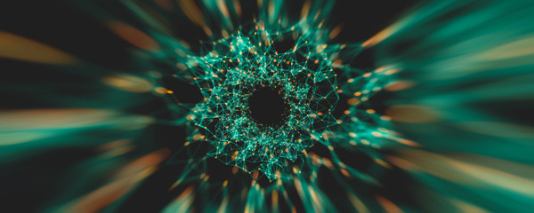 Digital Nodes and Connection Paths. Flying Through Digital Data Web Spy Tunnel, Abstract 3d Render.