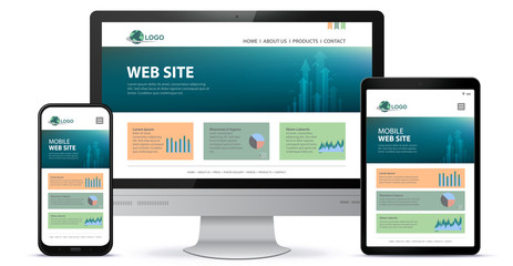 Wall Mural - responsive website design with desktop computer screen, mobile phone and tablet pc vector illustrati