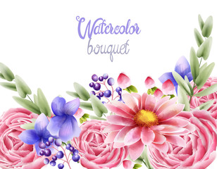 Wall Mural - Watercolor bouquet of rose daisy and orchid flowers with leaves. Greeting card vector composition