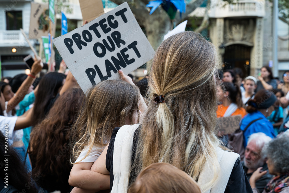 Barcelona, Catalonia. Thousands of people took to the streets as part of the worldwide movement. Global Climate Strike, international, protests and action against climate change.  - obrazy, fototapety, plakaty 