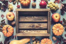 Autumn Background Of Fall Leaves And Pumpkins And Variety Harvest Fruits And Blank Space For A Text, May Used For Thanksgiving Or Halloween Or Another Autumn Holidays