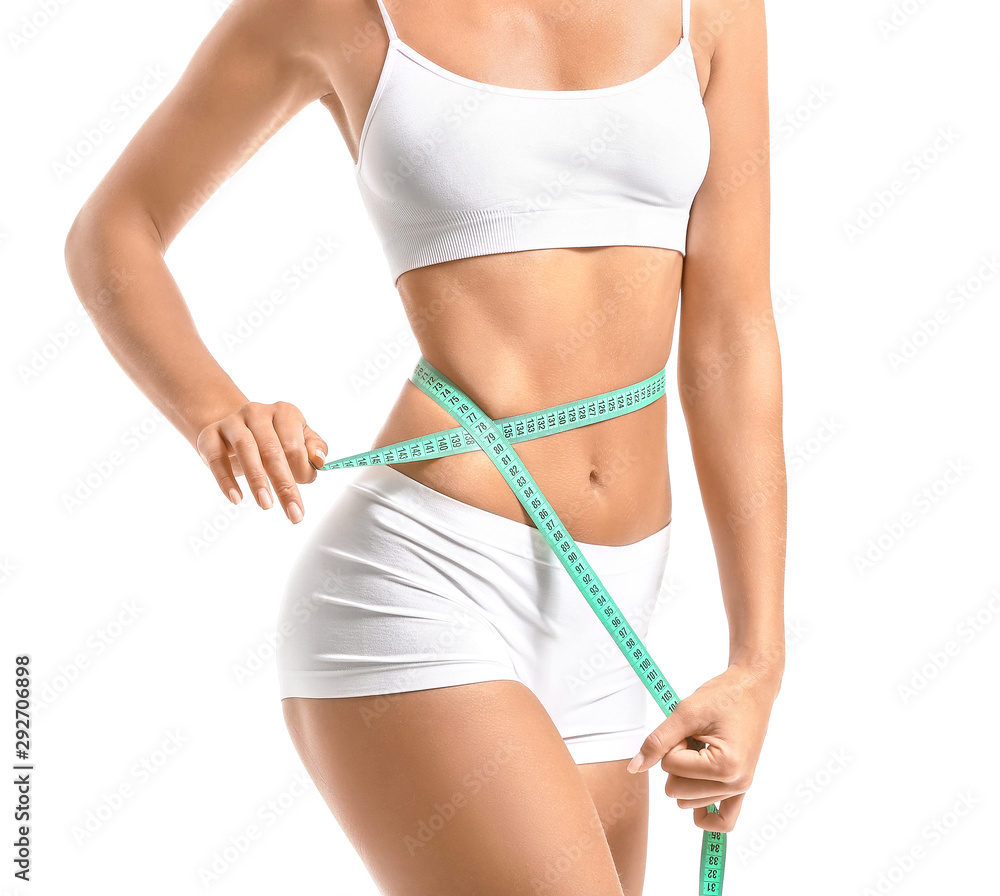 Beautiful young woman with measuring tape on white background. Weight loss concept - obrazy, fototapety, plakaty 