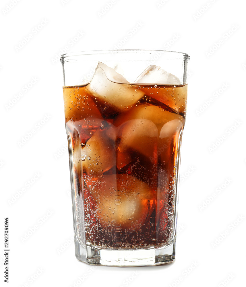 Glass of cold cola on white background