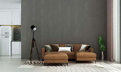 Modern luxury living room interior design and wood stripe texture wall pattern background and kitchen room