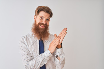 Sticker - Young redhead irish businessman standing over isolated white background clapping and applauding happy and joyful, smiling proud hands together