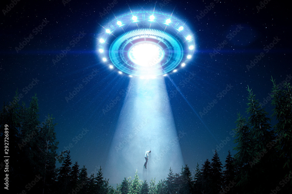 Abducted man by a flying saucer with a bright light ray in the forest - 3D rendering - obrazy, fototapety, plakaty 