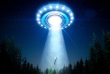 Abducted Man By A Flying Saucer With A Bright Light Ray In The Forest - 3D Rendering