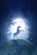 Fairy Tale unicorn in a moonlight night forest - 3D rendering