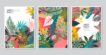 Vector Collection Of Trendy Creative Cards With Cut Paper, Floral Exotic Tropical Elements, Palm Leaves