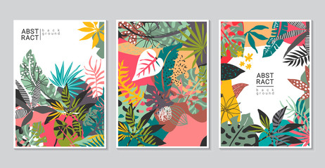 vector collection of trendy creative cards with cut paper, floral exotic tropical elements, palm lea