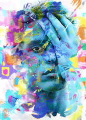 Paintography. Double exposure of an attractive male model with hand covering face combined with colorful hand drawn paintings