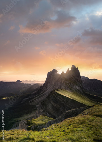 Most beautiful sunrise over rugged Seceda Mountains in the Dolomites © Marcel