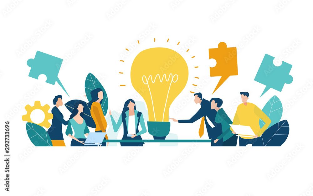 Team of professional people talking over the meeting. light bulb as a symbol of new idea and finding solution. Developing, taking a risk, support and solving the problem business concept illustration. - obrazy, fototapety, plakaty 