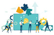 © IRStone - Group of business people working in front of table, digital device. Developing, taking a risk, support and solving the problem business concept illustration.