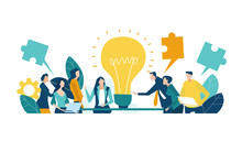 Team Of Professional People Talking Over The Meeting. Light Bulb As A Symbol Of New Idea And Finding Solution. Developing, Taking A Risk, Support And Solving The Problem Business Concept Illustration.