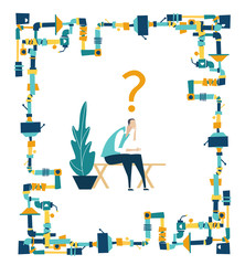 Background with lots of pipes going in and out and thinking businessman. Developing, taking a risk, support and solving the problem business concept illustration.