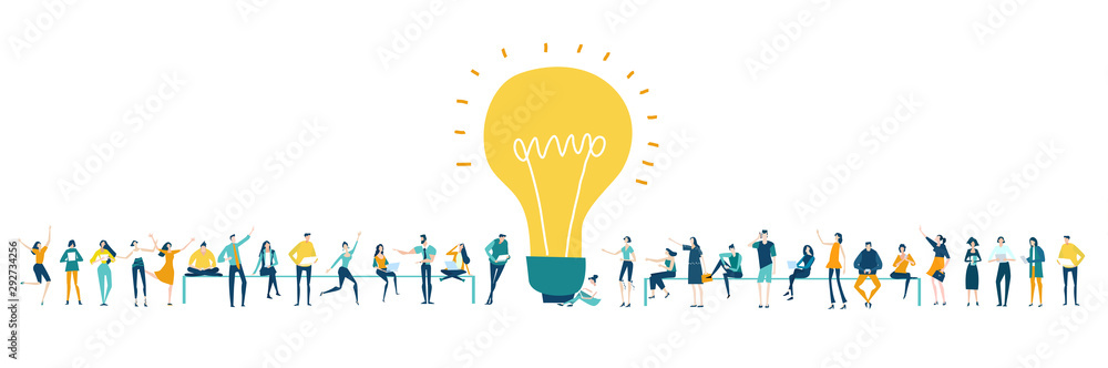 Lots of people around the big light bulb. Research, internet, big data idea, Availability of knowledge, Developing, taking a risk, support and solving the problem business concept illustration. - obrazy, fototapety, plakaty 