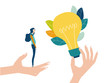 © IRStone - Young woman, student looking at the light bulb. Developing, support and solving the problem business concept illustration.