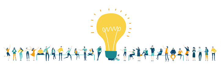Lots of people around the big light bulb. Research, internet, big data idea, Availability of knowledge, Developing, taking a risk, support and solving the problem business concept illustration.