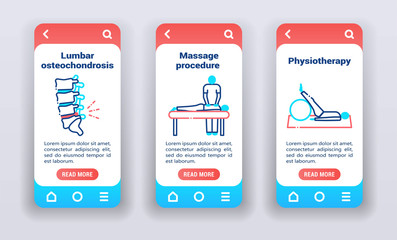 Orthopedic treatment on mobile app onboarding screens. UI UX GUI template.