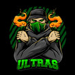 ultras soccer supporter with smoke bomb or pyro with black hoodie vector illustration