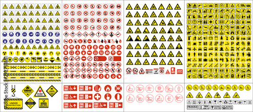 Fotomural set of mandatory sign, hazard sign, prohibited sign, occupational safety and health signs, warning signboard, fire emergency sign